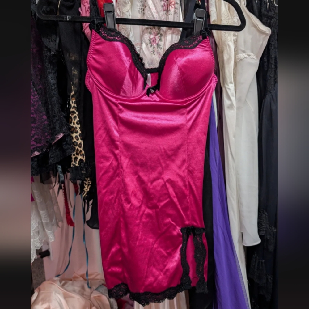 Hot Pink & Black Lace Trim Mini Slip Dress (36B)